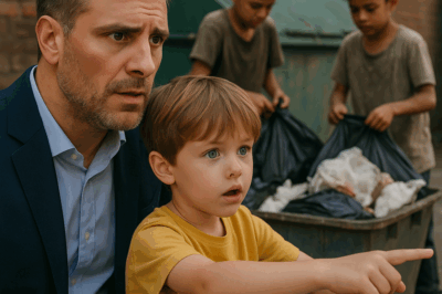 “Un millonario paseaba con su hijo cuando el niño, con inocencia brutal, señaló a unos pequeños buscando comida en la basura y gritó: ‘Papá, esos niños son iguales a mí’. La frase lo dejó helado y desencadenó un giro inesperado que reveló una verdad dolorosa, cambiando no solo la visión del magnate, sino también el rumbo de toda su vida.”