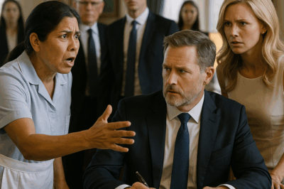 “Una humilde empleada de limpieza irrumpió en el momento exacto en que un millonario estaba a punto de firmar un documento crucial. Sus gritos de ‘¡No lo firme!’ revelaron un plan oscuro e inesperado: la traición de su propia esposa. Lo que salió a la luz dejó a toda la élite en estado de shock.”