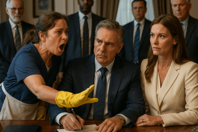 “Una humilde trabajadora de limpieza irrumpió en el lujoso despacho de un magnate justo en el instante en que iba a firmar un contrato millonario. Con un grito de ‘¡No lo firme!’, desató el caos y reveló una traición inimaginable: el plan secreto de su propia esposa para arrebatarle toda la fortuna.”