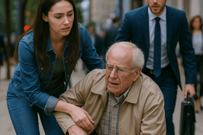 “Una joven rescató a un anciano que se desplomó en la calle… sin saber que ese hombre, vestido con ropa sencilla y mirada cansada, era el fundador de una de las corporaciones más grandes del país. Horas después, el nieto del anciano, un poderoso CEO, apareció en su puerta con una propuesta que cambiaría su vida para siempre.”