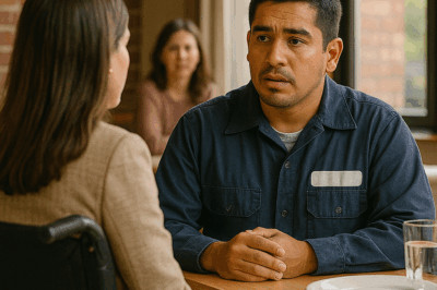 “Un mecánico humilde fue a una cita a ciegas y se sentó en la mesa equivocada… pero aquella confusión lo llevó a conocer a la hija del director general de una gran empresa, una joven en silla de ruedas que cambiaría su destino y el de toda su familia para siempre.”