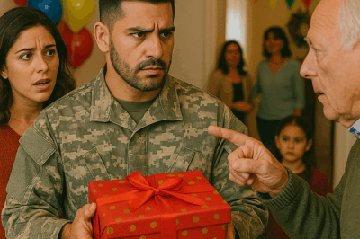 “En la fiesta familiar, mi hermana me entregó un regalo envuelto en papel dorado. Pero antes de abrirlo, mi comandante —presente entre los invitados— me susurró con una voz helada: ‘No lo toques… eso no es un presente’. Desde ese instante, todo cambió.”