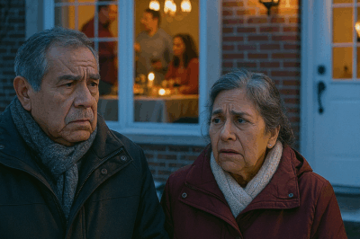 “Encontré a mis padres ancianos tiritando afuera de mi propia casa, mientras mis suegros celebraban dentro como si fueran los dueños. No entendí nada… hasta que escuché la conversación que lo cambió todo y me hizo elegir entre el silencio de la vergüenza o la voz del amor.”