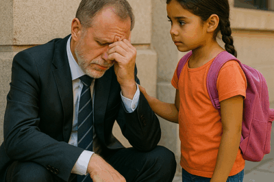 “Un millonario fue visto llorando solo en la acera, con el traje arrugado y la mirada perdida. Nadie se atrevió a acercarse… excepto una niña que le ofreció algo simple. Lo que ella le dijo cambió su forma de ver la vida, y su historia conmovió a todo el país.”