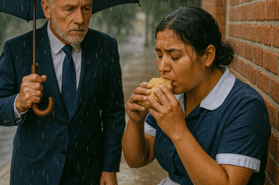 “Un millonario regresó temprano del trabajo y vio, desde su ventana, a su empleada sentada bajo la lluvia, comiendo de una fiambrera vieja. Estuvo a punto de reprenderla… hasta que se acercó y descubrió la verdadera razón por la que lo hacía. Lo que supo después le cambió la vida para siempre.”
