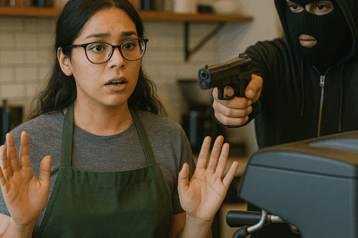 “Una barista tímida y reservada se convirtió en heroína inesperada cuando detuvo un violento intento de asalto en plena cafetería, pero minutos después todos quedaron en shock al descubrir su verdadera identidad: una experimentada médico de combate del ejército.”