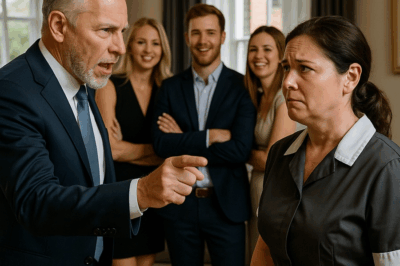 “Entre el cristal de las copas y las risas de los ricos, una criada fue humillada frente a todos. Nadie imaginaba que el millonario anfitrión, con una sonrisa helada, se levantaría para hacer algo que detendría la música y el corazón de todos los presentes. Aquella noche, el lujo se manchó de sangre… y de verdad.”