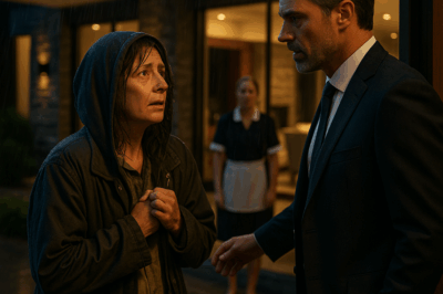 «Una mujer sin hogar tocó la puerta de una mansión pidiendo limpiar a cambio de un plato de comida. El dueño, un millonario solitario, la miró con desprecio… hasta que reconoció algo en su rostro que lo dejó helado. Lo que descubrió después cambió no solo su vida, sino también el significado de la palabra “familia”.»