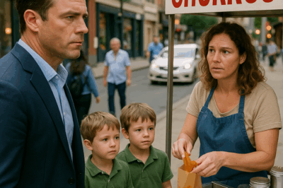 “El millonario que lo tenía todo vio a su exesposa en la calle… vendiendo churros con dos niños idénticos. Lo que descubrió después hizo temblar los cimientos de su lujosa vida y lo obligó a enfrentar un pasado que creía enterrado para siempre.”