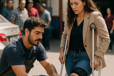 “Un humilde mecánico ayudó sin cobrar a una mujer desconocida que llegó con la pierna lesionada y sin dinero. Un mes después, un automóvil de lujo se detuvo frente a su taller… y lo que aquella mujer le reveló lo dejó sin palabras. El secreto detrás de su identidad cambió su vida para siempre y demostró que los actos de bondad regresan multiplicados.”