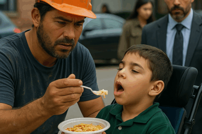 “Un albañil humilde detuvo su jornada para alimentar a un niño en silla de ruedas sin saber quién era. Pero cuando un hombre de traje bajó de un auto de lujo y reveló la verdad, todos quedaron en shock. Una historia real que muestra cómo un simple acto de bondad puede cambiar vidas y enseñar a los poderosos que la verdadera riqueza no se mide en dinero, sino en humanidad.”