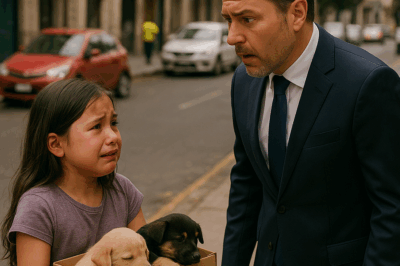 “‘¿Te quedas con uno?’—susurra la niña entre lágrimas mientras sostiene una caja con cachorros abandonados. El millonario, que jamás había sentido compasión, se queda helado al escuchar sus palabras y descubre una verdad que lo marcará para siempre.”