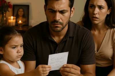 “Cinco días después del funeral de su esposa, un hombre llevó a casa a una mujer diciendo que era la nueva niñera — pero cuando su hija de cinco años le entregó una nota frente al altar encendido, el rostro de todos se transformó: lo que estaba escrito cambió el destino de esa casa para siempre”