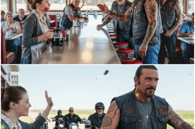 “El temido líder de una banda de motociclistas entró a un pequeño café de carretera sin imaginar que aquella camarera de mirada tímida cambiaría su destino. Al notar los moretones en sus brazos, detuvo todo. Lo que hizo después dejó al pueblo entero en silencio — una historia real de coraje, redención y un secreto que ningún motor podría acallar.”