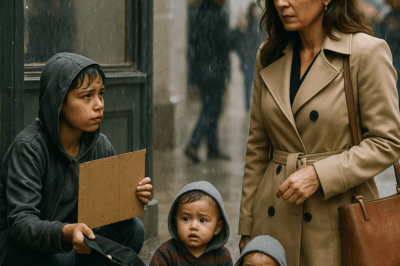 “Bajo la lluvia, una mujer millonaria vio a un niño empapado sosteniendo a dos bebés en sus brazos… pero cuando se acercó para ayudarlo, descubrió algo tan desgarrador que rompió su corazón y cambió su vida para siempre. Lo que parecía un simple acto de compasión se convirtió en el misterio más impactante de su vida: un secreto enterrado entre lágrimas, pobreza y una conexión que nadie podría haber imaginado.”