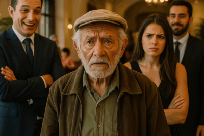 “Un anciano humilde entró a un lujoso hotel diciendo que era el dueño. Todos rieron, los empleados lo despreciaron y algunos huéspedes lo miraron con burla… hasta que minutos después llegó una limusina negra y el destino les dio la lección más grande de sus vidas. Lo que ocurrió dentro del salón principal cambió por completo la historia del lugar.”