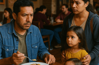 “Una madre joven intentó salir del restaurante en silencio, avergonzada porque no podía pagar la comida. Su hija, con hambre, se quedó mirando fijamente el plato de un hombre elegante sentado cerca. Cuando él se dio cuenta, se levantó y dijo algo que dejó a todos los presentes en shock. Lo que ocurrió después —un gesto de humanidad y una verdad inesperada— cambió por completo la vida de la mujer y su pequeña.”