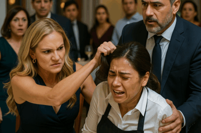 “En un restaurante de lujo, una mujer rubia y altiva perdió el control al creer que una mesera había arruinado su cena… segundos después, su esposo —un poderoso magnate— se levantó y gritó lo impensable: ‘¡Esa es mi esposa!’ Lo que ocurrió luego dejó al salón mudo, revelando un secreto que cambiaría para siempre la vida de todos los presentes y demostraría que la humildad vale más que cualquier fortuna.”