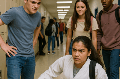 “La empujaron en el pasillo para burlarse de ella… pero segundos después, la nueva alumna se levantó, los miró fijamente y dejó a todos helados cuando descubrieron quién era en realidad: una campeona estatal de karate. Lo que ocurrió a continuación cambió por completo la forma en que la escuela veía el respeto, la fuerza y el valor de una joven que demostró que la verdadera potencia no se muestra gritando, sino manteniendo la calma.”