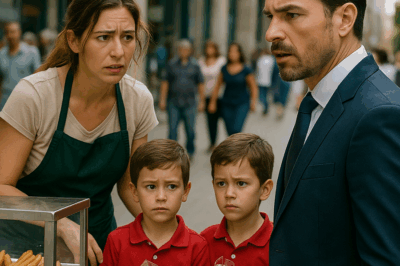 “Un millonario caminaba por la calle cuando se detuvo al ver a una mujer vendiendo churros junto a dos niños. Al acercarse, su corazón se detuvo: era su exesposa… y los gemelos que la acompañaban eran idénticos a él. Lo que descubrió después cambió su vida para siempre, demostrando que el dinero puede comprar muchas cosas, pero no el tiempo perdido ni el amor verdadero.”