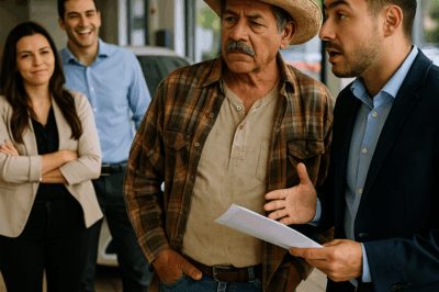 “Se burlaron del campesino humilde por su ropa vieja al entrar en la concesionaria — lo miraron con desprecio y se rieron en su cara. Pero segundos después, todos quedaron mudos cuando sacó un documento que cambiaría todo: era el nuevo dueño del lugar. Lo que dijo frente a los empleados avergonzados se volvió una lección de humildad que nadie olvidará jamás.”