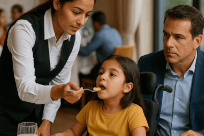 “La mesera solo quería ayudar: cada día alimentaba con paciencia a una niña en silla de ruedas que nadie más atendía. No sabía quién era su padre, hasta que un día, él se levantó de su mesa, la miró a los ojos y dijo unas palabras que dejaron a todos en silencio. Lo que hizo después cambió para siempre la vida de aquella joven, revelando una historia de bondad, destino y segundas oportunidades.”