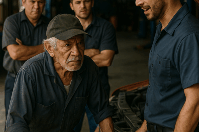 “‘¿Puedo arreglarlo a cambio de comida?’ — se burlaron los mecánicos del anciano cubierto de grasa sin saber que estaban frente a una leyenda del automovilismo. Lo que sucedió después dejó a todos en shock: el hombre que parecía un mendigo terminó dando una lección de humildad y talento que ningún diploma o fortuna podría igualar. Una historia real que revela el poder de la experiencia, el respeto y la redención.”