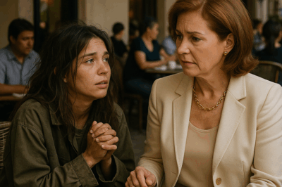 “Una joven sin hogar se acercó temblando a la mesa de una millonaria para pedirle solo un bocado de sus sobras… pero lo que ocurrió después dejó sin palabras a todos los presentes: un giro inesperado, una revelación que nadie vio venir y un acto que transformó la vida de ambas mujeres de una manera completamente sorprendente.”