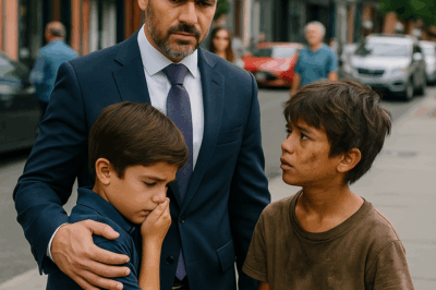 “Un millonario humilló a un niño de la calle frente a su propio hijo — pero lo que el pequeño le susurró al oído cambió su vida para siempre: ‘Papá, él es mi hermano’. Nadie imaginaba el giro desgarrador que revelaría la verdad oculta detrás de una historia de abandono, redención y segundas oportunidades. Lo que sucedió después conmovió a toda la ciudad y demostró que la sangre y el corazón siempre encuentran el camino de vuelta.”
