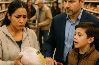 “Un millonario escuchó a su hijo decirle a una mujer desconocida: ‘Ella no puede comprar un pavo’. Nadie imaginó que esas palabras inocentes desencadenarían un acto tan inesperado. Lo que el hombre hizo minutos después cambió la vida de una familia entera y dio una lección de humanidad que conmovió a todos en el supermercado.”