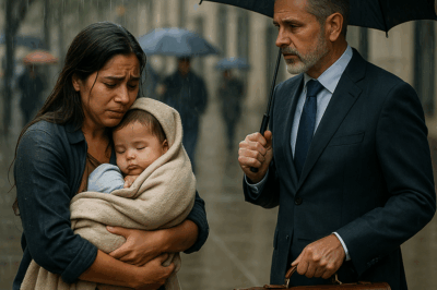 “Un millonario se detuvo bajo la lluvia al ver a una madre con su bebé, sin imaginar que al abrir la vieja maleta que ella llevaba descubriría algo que cambiaría su vida para siempre. Lo que encontró dentro no era dinero ni joyas, sino un secreto que lo obligó a enfrentar su pasado y tomar una decisión que pondría en riesgo su fortuna, su reputación y todo lo que creía saber sobre el amor y la familia.”