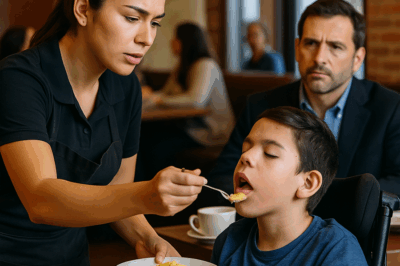 “Una joven mesera vio a un niño con discapacidad luchando por comer solo y, sin pensarlo, se acercó para ayudarlo. No sabía que el hombre que la observaba desde una esquina era el padre millonario del pequeño. Lo que ocurrió después dejó a todos sin palabras: un acto de bondad que cambió tres vidas, demostró que el verdadero valor no se mide en dinero y reveló un secreto que nadie imaginaba.”