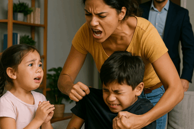 “Una niña de seis años lloraba y suplicaba ‘¡Por favor, no le pegues!’ mientras su madrastra perdía el control y golpeaba a su hermano frente al sofá de la mansión. Pero en el momento más oscuro, la puerta se abrió… y el padre millonario presenció la escena que cambiaría sus vidas para siempre. Lo que hizo después dejó a todos sin palabras y reveló una verdad que nadie imaginaba detrás de aquella familia perfecta.”