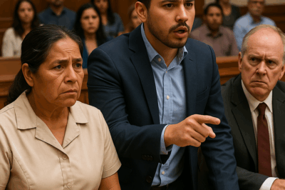 “Una humilde trabajadora doméstica fue acusada injustamente por un millonario y se presentó en el tribunal sin abogado. Todos pensaban que sería el final para ella… hasta que el hijo del empresario irrumpió en la sala y reveló un secreto que cambió por completo el rumbo del juicio, dejando a todos —incluso a su propio padre— en completo shock.”