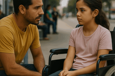 “Un padre soltero regresaba del trabajo cuando vio a una niña en silla de ruedas esperando sola bajo la lluvia. Al acercarse, descubrió algo que lo dejó sin aliento: no había nadie esperándola, ni familia, ni hogar. Lo que él dijo a continuación cambió no solo la vida de la niña, sino también la suya para siempre, revelando un lazo oculto que el destino había guardado durante años.”