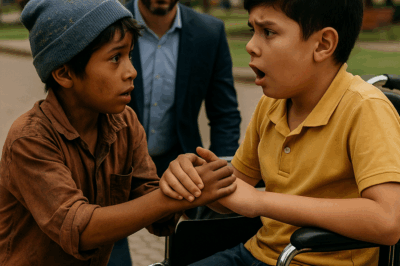 “Un niño de la calle se acercó a un pequeño en silla de ruedas para ofrecerle ayuda sin saber que era el hijo de un poderoso millonario. Lo que ocurrió después dejó a todos sin palabras: frente a los ojos de su padre y decenas de testigos, el niño hizo algo que la ciencia no pudo explicar. Lo que reveló más tarde cambió para siempre el destino de una familia… y de todo un pueblo.”