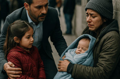 “‘¡Papá, su bebé se está congelando!’ — gritó la niña al ver a una madre sin hogar temblando bajo la lluvia. Su padre, un poderoso empresario acostumbrado a cifras y contratos, jamás imaginó que aquel encuentro cambiaría su vida. Lo que comenzó como un simple gesto de compasión se convirtió en una historia que reveló el lado más humano de un hombre que había olvidado cómo sentir… y el milagro que nadie vio venir.”